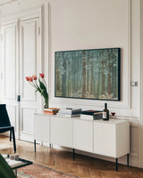 Woodland Love I Rustic by Beth Grove. shown as a framed stretched canvas in a living room above a console. Available as a archival giclee rolled canvas, fine art paper, or poster print. SKU 81126i.