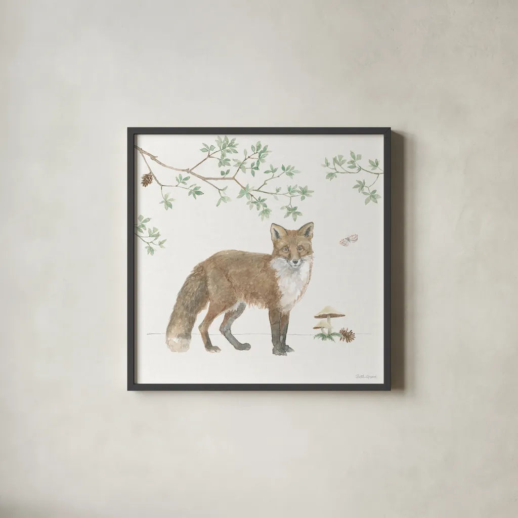 Woodland Love II by Beth Grove. Shown in a sleek black glass frame for a contemporary gallery look. Available as an archival giclee rolled canvas, fine art paper, or poster print. SKU 78988a.