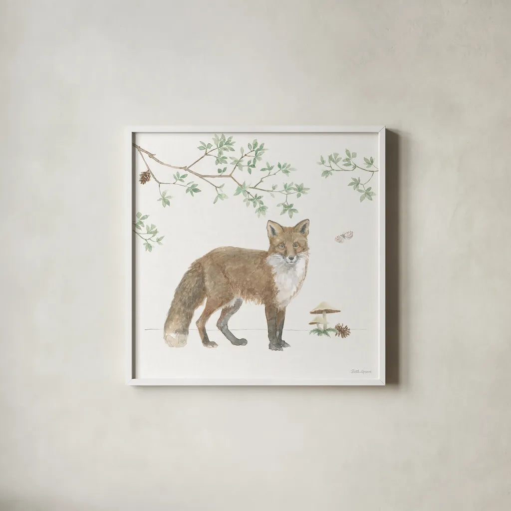 Woodland Love II by Beth Grove. Shown in a crisp white glass frame for a clean and minimalist style. Available as an archival giclee rolled canvas, fine art paper, or poster print. SKU 78988a.