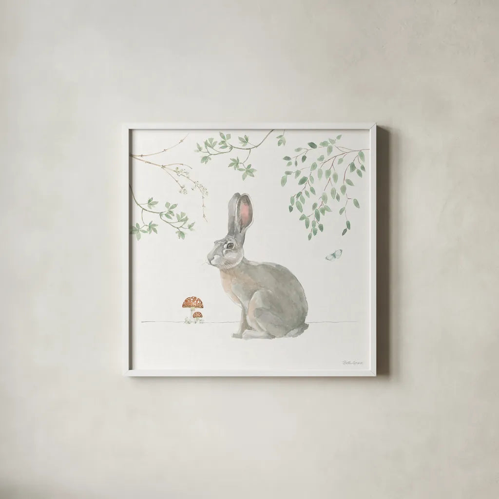 Woodland Love III by Beth Grove. Shown in a crisp white glass frame for a clean and minimalist style. Available as an archival giclee rolled canvas, fine art paper, or poster print. SKU 78989a.