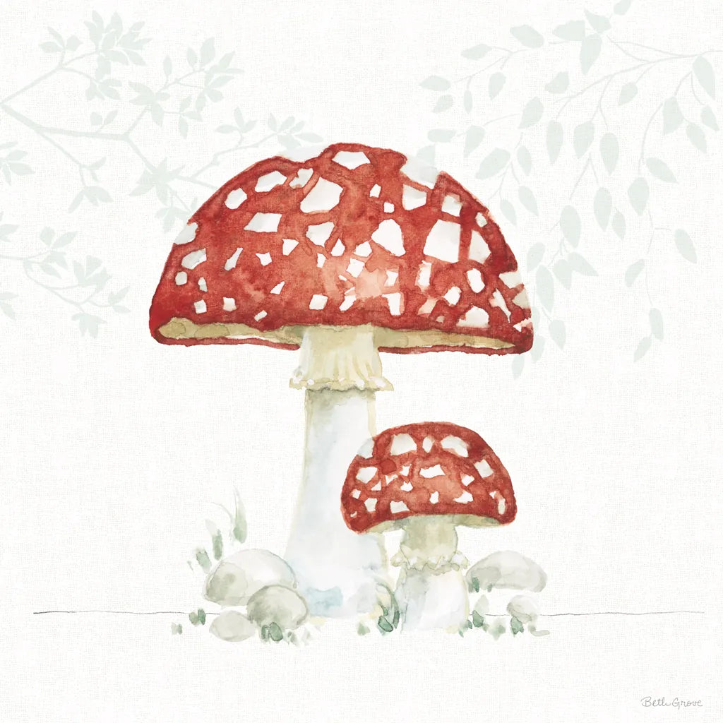 Woodland Love Red Mushroom by Beth Grove. SKU 87841a. Archival Giclee Fine art print for wall decor.