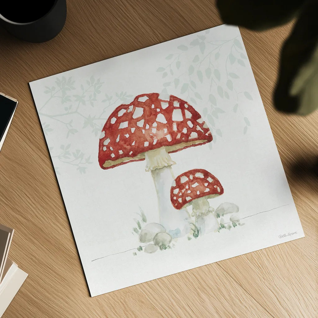 Woodland Love Red Mushroom by Beth Grove. Shown as a detailed flat fine art print, highlighting archival giclee quality. Available as an archival giclee rolled canvas, fine art paper, or poster print. SKU 87841a.