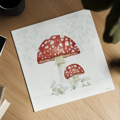Woodland Love Red Mushroom by Beth Grove. Shown as a detailed flat fine art print, highlighting archival giclee quality. Available as an archival giclee rolled canvas, fine art paper, or poster print. SKU 87841a.