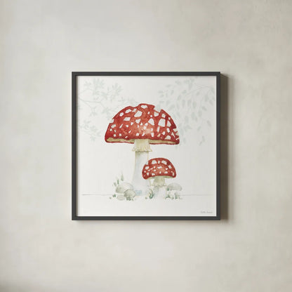 Woodland Love Red Mushroom by Beth Grove. Shown in a sleek black glass frame for a contemporary gallery look. Available as an archival giclee rolled canvas, fine art paper, or poster print. SKU 87841a.