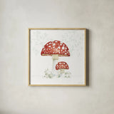 Woodland Love Red Mushroom by Beth Grove. Shown in a natural wood glass frame for a timeless modern aesthetic. Available as an archival giclee rolled canvas, fine art paper, or poster print. SKU 87841a.