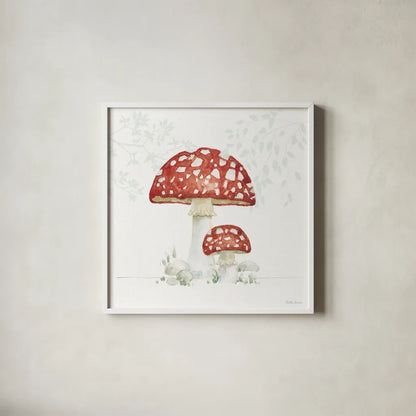 Woodland Love Red Mushroom by Beth Grove. Shown in a crisp white glass frame for a clean and minimalist style. Available as an archival giclee rolled canvas, fine art paper, or poster print. SKU 87841a.