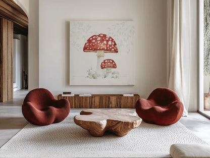 Woodland Love Red Mushroom by Beth Grove. Shown as extra-large giant wall art in a modern living room. Available as an archival giclee rolled canvas, fine art paper, or poster print. SKU 87841a.