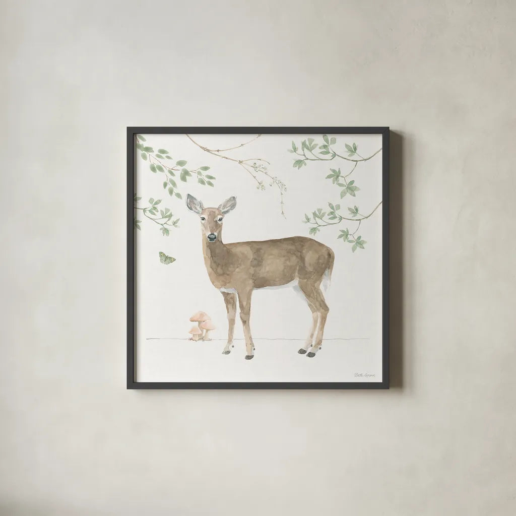Woodland Love V by Beth Grove. Shown in a sleek black glass frame for a contemporary gallery look. Available as an archival giclee rolled canvas, fine art paper, or poster print. SKU 78991a.
