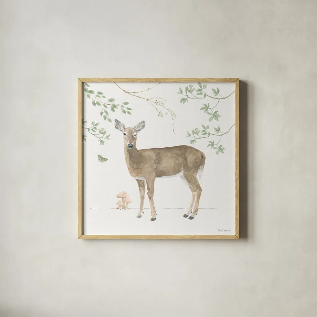 Woodland Love V by Beth Grove. Shown in a natural wood glass frame for a timeless modern aesthetic. Available as an archival giclee rolled canvas, fine art paper, or poster print. SKU 78991a.