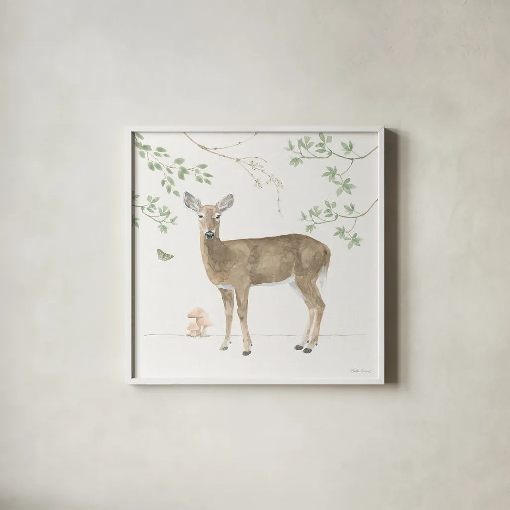 Woodland Love V by Beth Grove. Shown in a crisp white glass frame for a clean and minimalist style. Available as an archival giclee rolled canvas, fine art paper, or poster print. SKU 78991a.