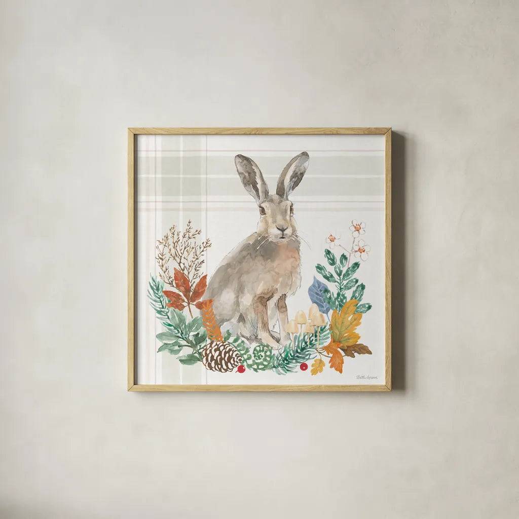 Woodland Wander I by Beth Grove. Shown in a natural wood glass frame for a timeless modern aesthetic. Available as an archival giclee rolled canvas, fine art paper, or poster print. SKU 96345a.