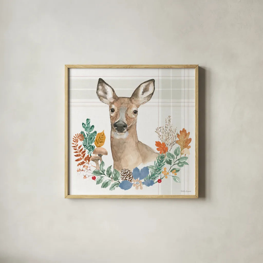 Woodland Wander II by Beth Grove. Shown in a natural wood glass frame for a timeless modern aesthetic. Available as an archival giclee rolled canvas, fine art paper, or poster print. SKU 96346a.