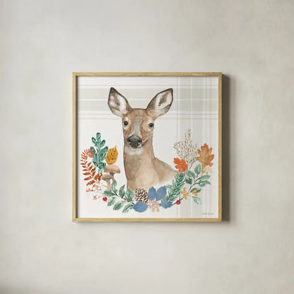 Woodland Wander II by Beth Grove. Shown in a natural wood glass frame for a timeless modern aesthetic. Available as an archival giclee rolled canvas, fine art paper, or poster print. SKU 96346a.