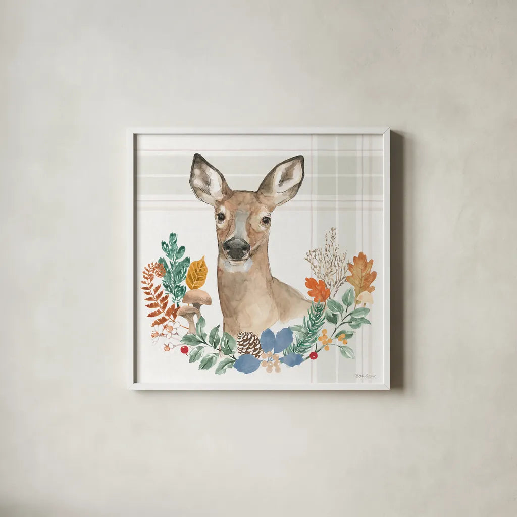 Woodland Wander II by Beth Grove. Shown in a crisp white glass frame for a clean and minimalist style. Available as an archival giclee rolled canvas, fine art paper, or poster print. SKU 96346a.