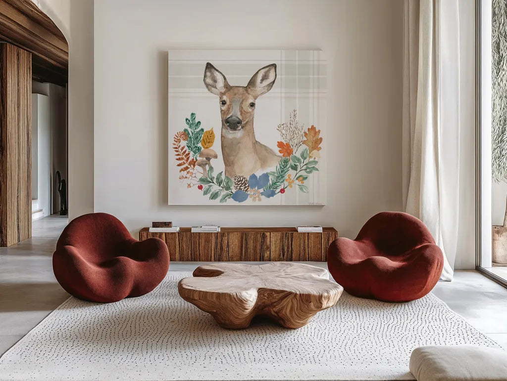 Woodland Wander II by Beth Grove. Shown as extra-large giant wall art in a modern living room. Available as an archival giclee rolled canvas, fine art paper, or poster print. SKU 96346a.