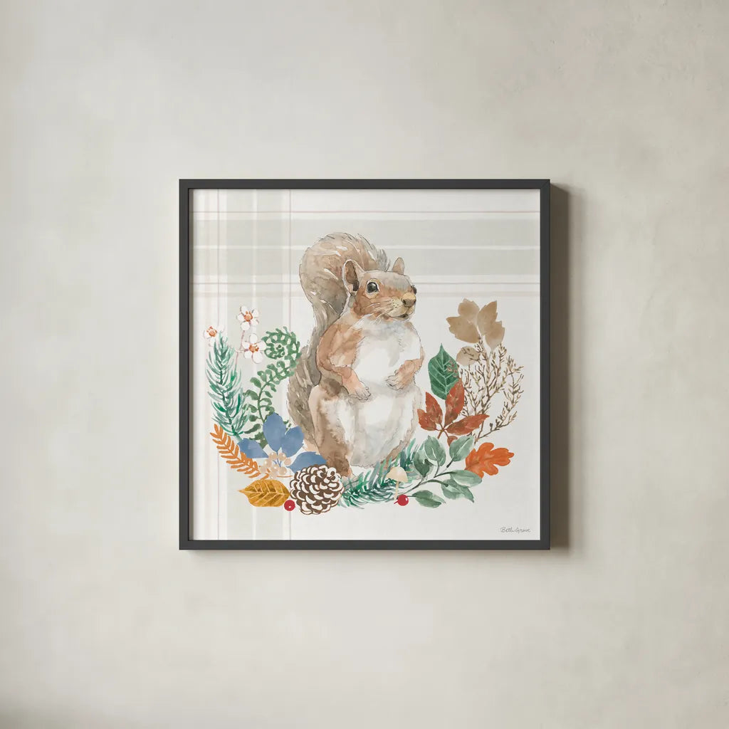 Woodland Wander III by Beth Grove. Shown in a sleek black glass frame for a contemporary gallery look. Available as an archival giclee rolled canvas, fine art paper, or poster print. SKU 96347a.