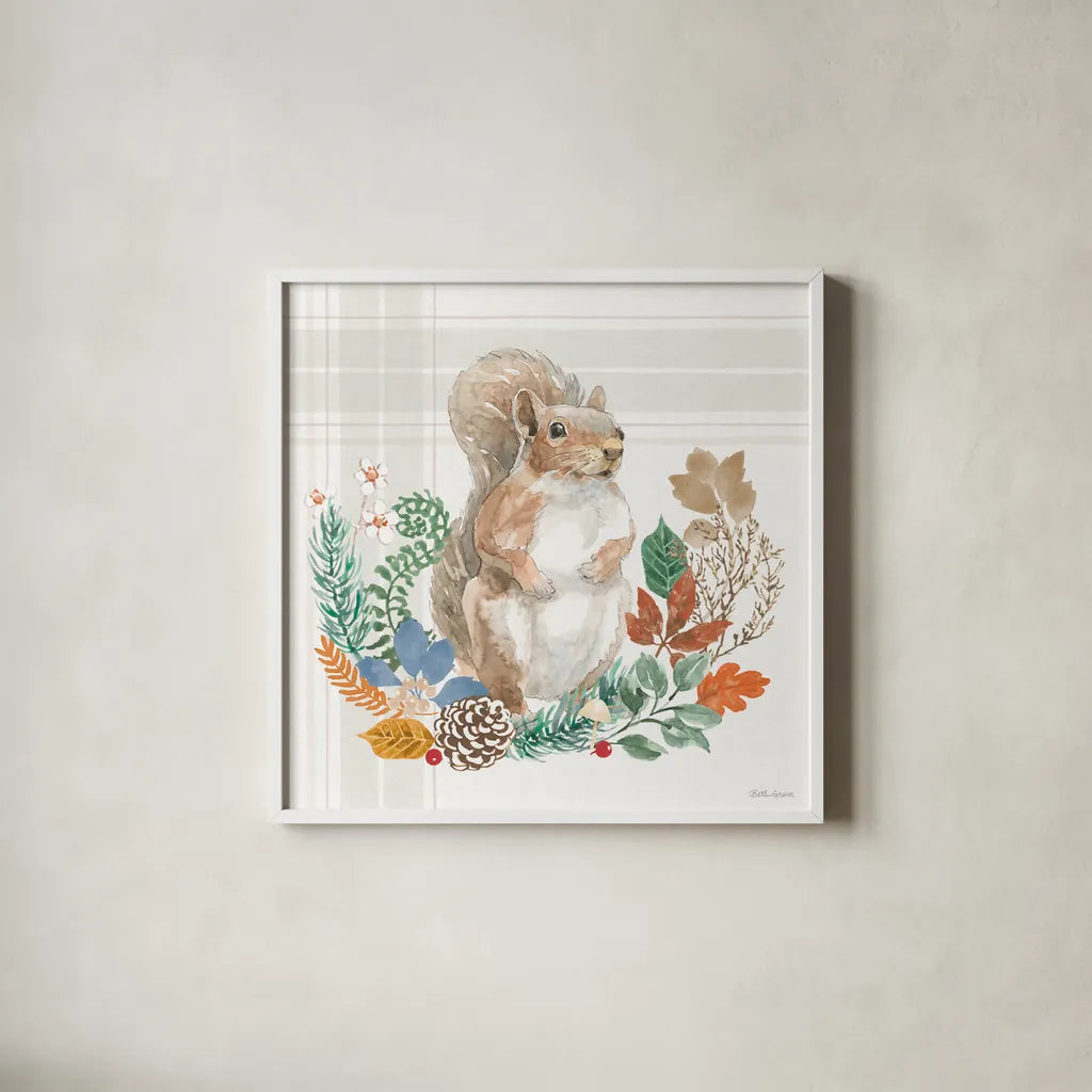 Woodland Wander III by Beth Grove. Shown in a crisp white glass frame for a clean and minimalist style. Available as an archival giclee rolled canvas, fine art paper, or poster print. SKU 96347a.