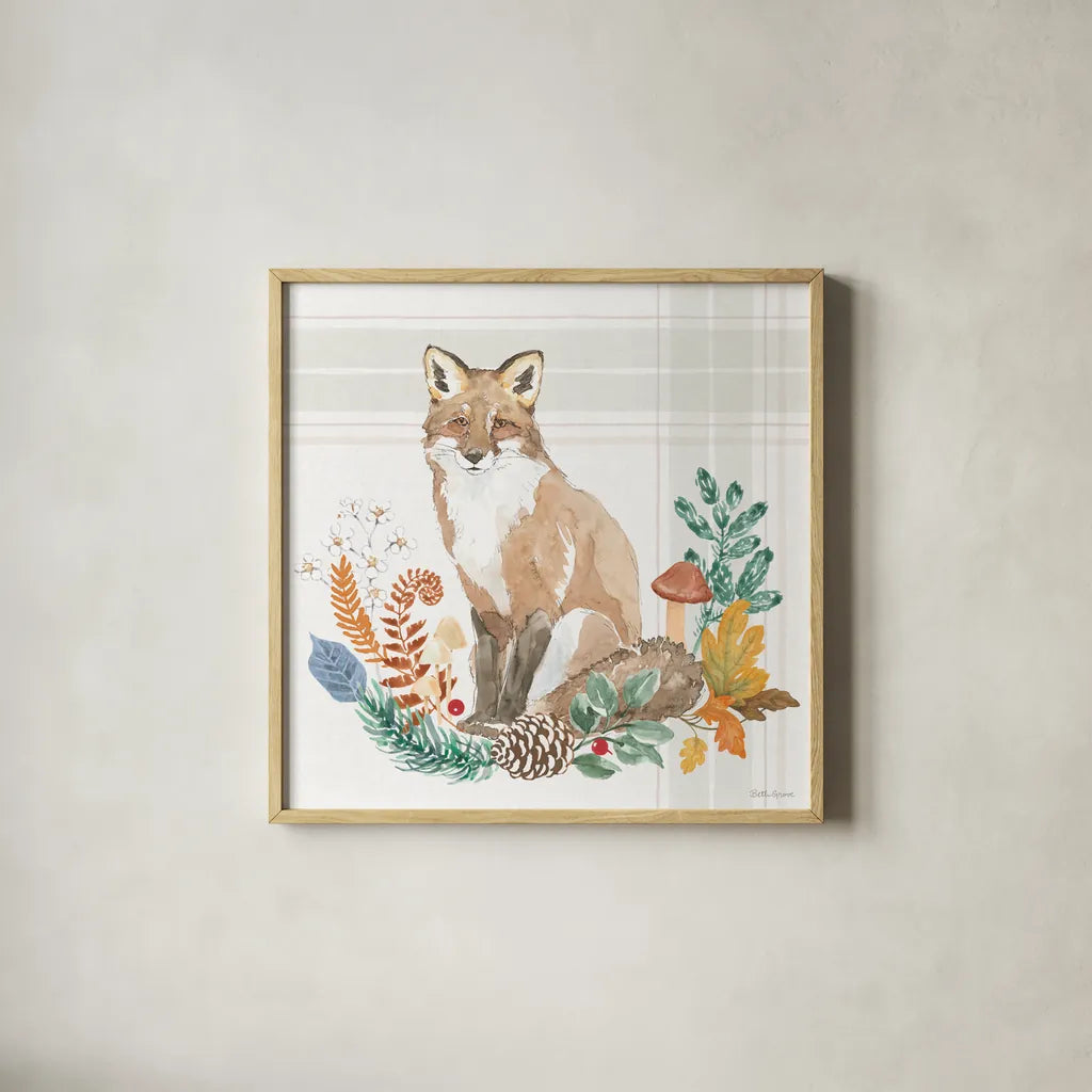 Woodland Wander IV by Beth Grove. Shown in a natural wood glass frame for a timeless modern aesthetic. Available as an archival giclee rolled canvas, fine art paper, or poster print. SKU 96348a.