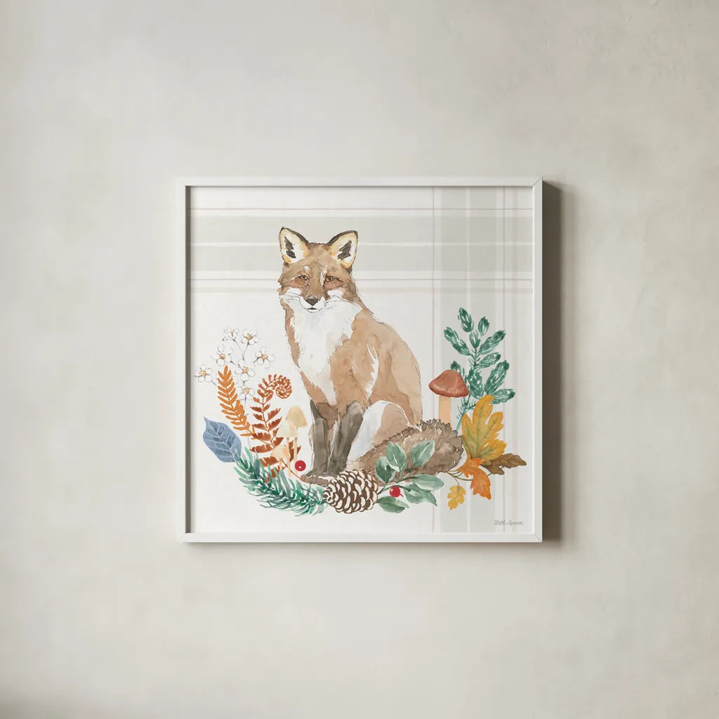 Woodland Wander IV by Beth Grove. Shown in a crisp white glass frame for a clean and minimalist style. Available as an archival giclee rolled canvas, fine art paper, or poster print. SKU 96348a.