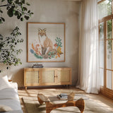 Woodland Wander IV by Beth Grove. Shown in a natural wood frame in a cozy modern living room. Available as an archival giclee rolled canvas, fine art paper, or poster print. SKU 96348a.