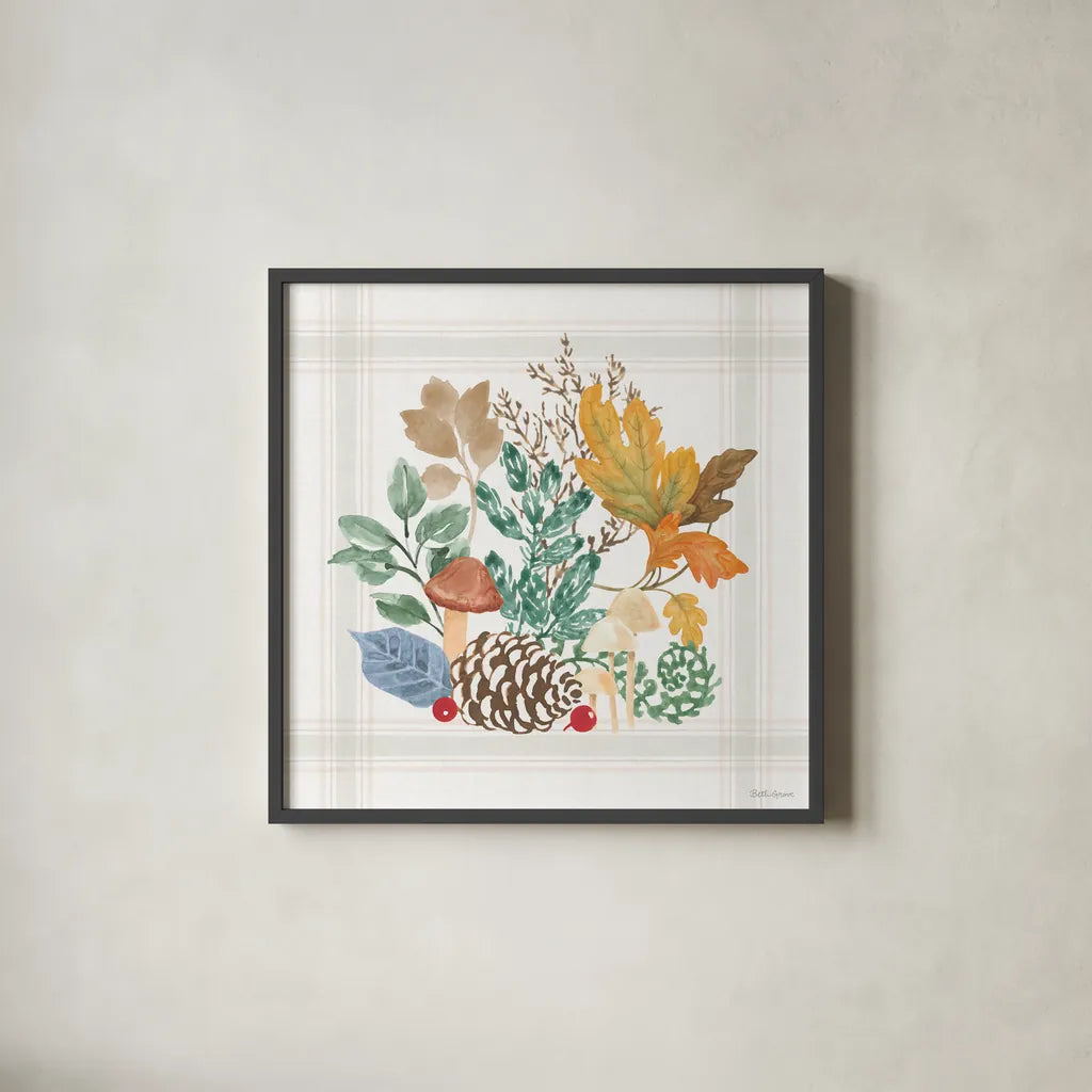 Woodland Wander V by Beth Grove. Shown in a sleek black glass frame for a contemporary gallery look. Available as an archival giclee rolled canvas, fine art paper, or poster print. SKU 96349a.