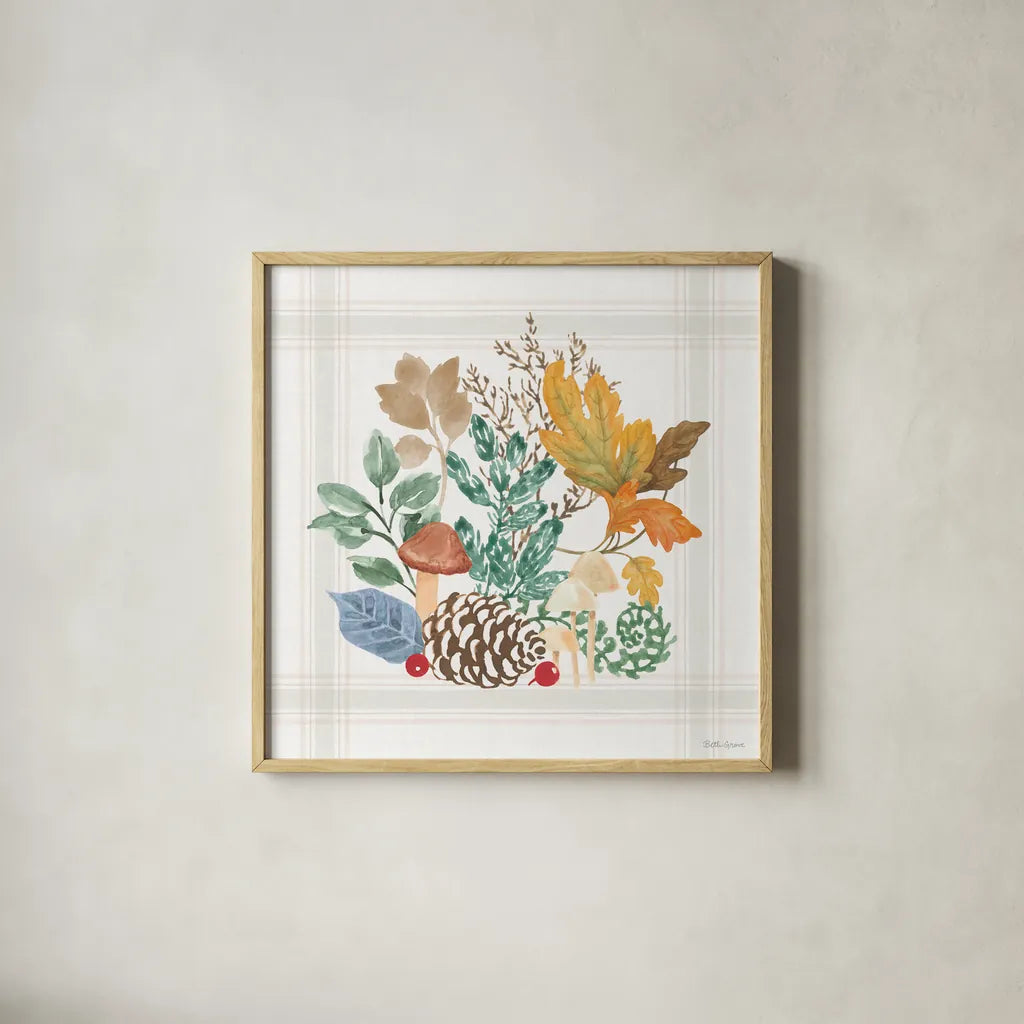 Woodland Wander V by Beth Grove. Shown in a natural wood glass frame for a timeless modern aesthetic. Available as an archival giclee rolled canvas, fine art paper, or poster print. SKU 96349a.