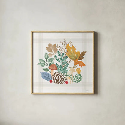 Woodland Wander V by Beth Grove. Shown in a natural wood glass frame for a timeless modern aesthetic. Available as an archival giclee rolled canvas, fine art paper, or poster print. SKU 96349a.