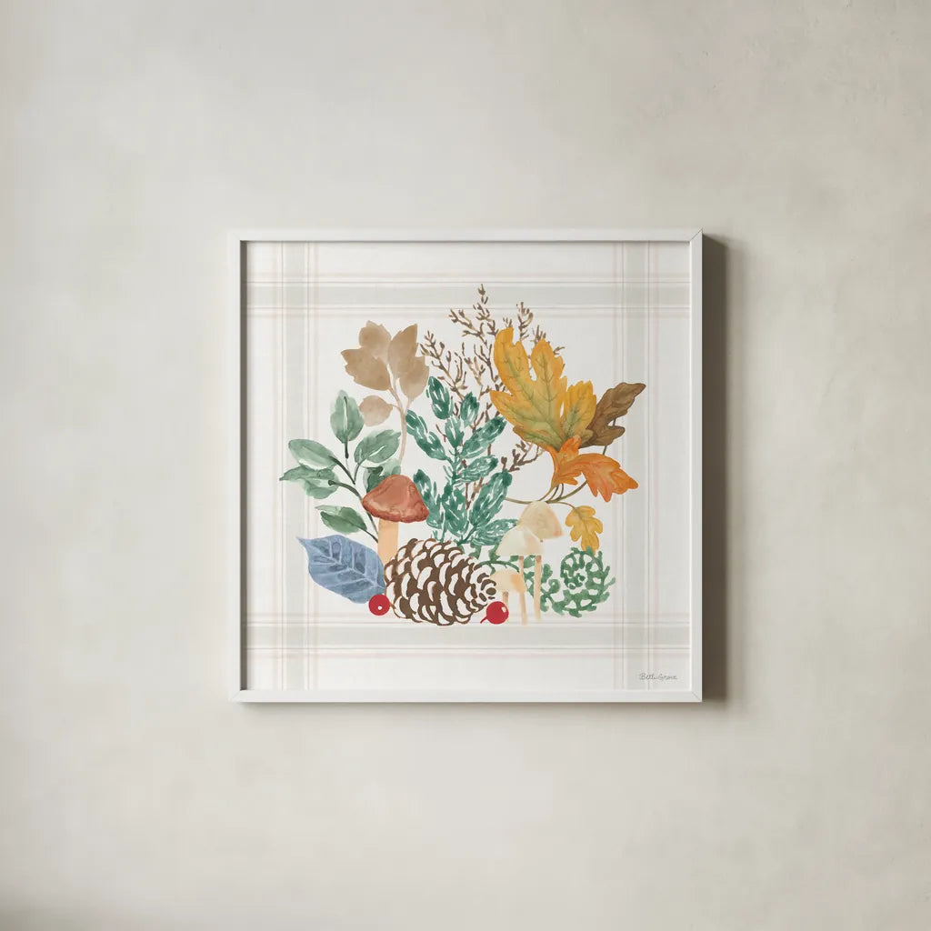 Woodland Wander V by Beth Grove. Shown in a crisp white glass frame for a clean and minimalist style. Available as an archival giclee rolled canvas, fine art paper, or poster print. SKU 96349a.