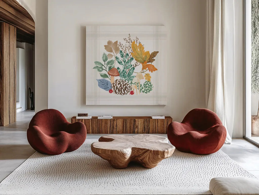 Woodland Wander V by Beth Grove. Shown as extra-large giant wall art in a modern living room. Available as an archival giclee rolled canvas, fine art paper, or poster print. SKU 96349a.