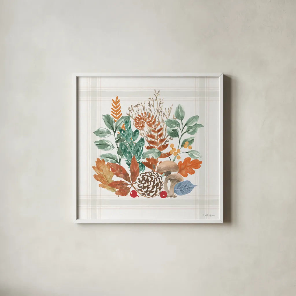 Woodland Wander VI by Beth Grove. Shown in a crisp white glass frame for a clean and minimalist style. Available as an archival giclee rolled canvas, fine art paper, or poster print. SKU 96350a.