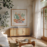 Woodland Wander VI by Beth Grove. Shown in a natural wood frame in a cozy modern living room. Available as an archival giclee rolled canvas, fine art paper, or poster print. SKU 96350a.