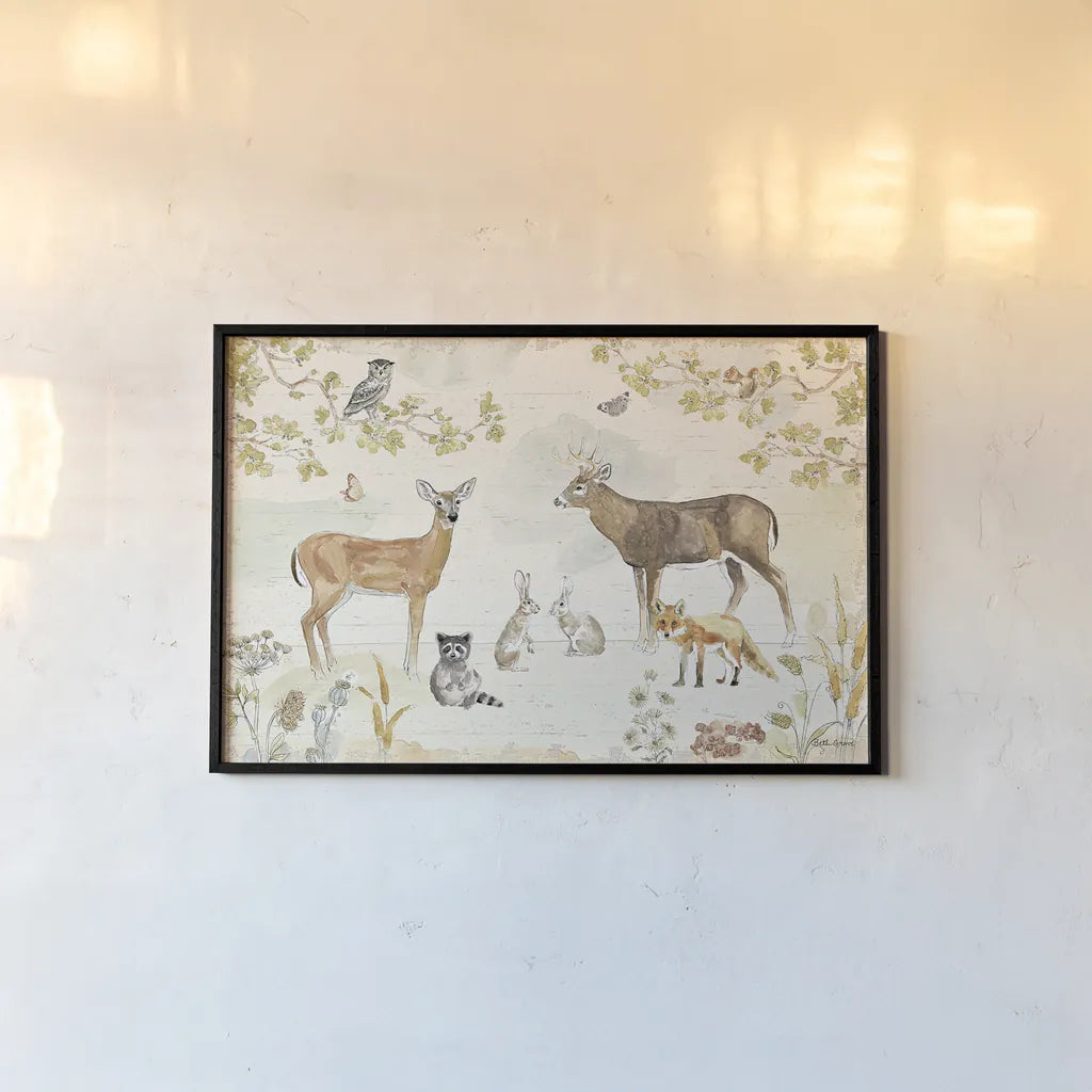 Woodland Wreath I by Beth Grove. shown as a paper print in a black flame. Available as a archival giclee rolled canvas, fine art paper, or poster print. SKU 43911i.