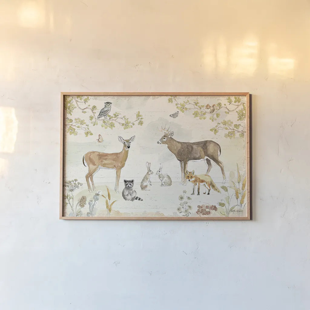 Woodland Wreath I by Beth Grove. shown as a paper print in a natural frame. Available as a archival giclee rolled canvas, fine art paper, or poster print. SKU 43911i.