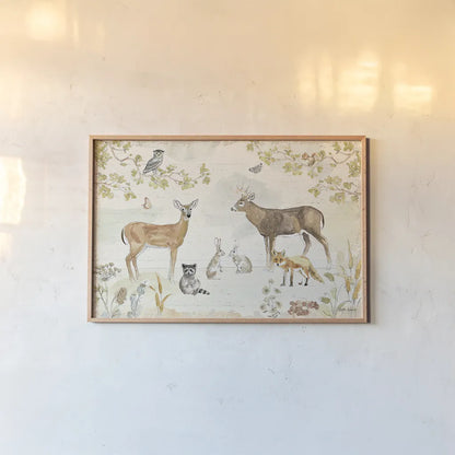 Woodland Wreath I by Beth Grove. shown as a paper print in a natural frame. Available as a archival giclee rolled canvas, fine art paper, or poster print. SKU 43911i.