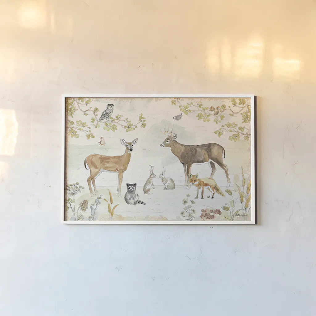 Woodland Wreath I by Beth Grove. shown as a paper print in a white frame. Available as a archival giclee rolled canvas, fine art paper, or poster print. SKU 43911i.