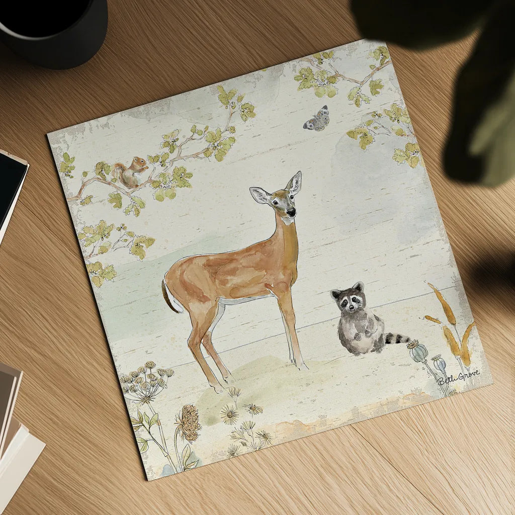 Woodland Wreath II by Beth Grove. Shown as a detailed flat fine art print, highlighting archival giclee quality. Available as an archival giclee rolled canvas, fine art paper, or poster print. SKU 43912a.