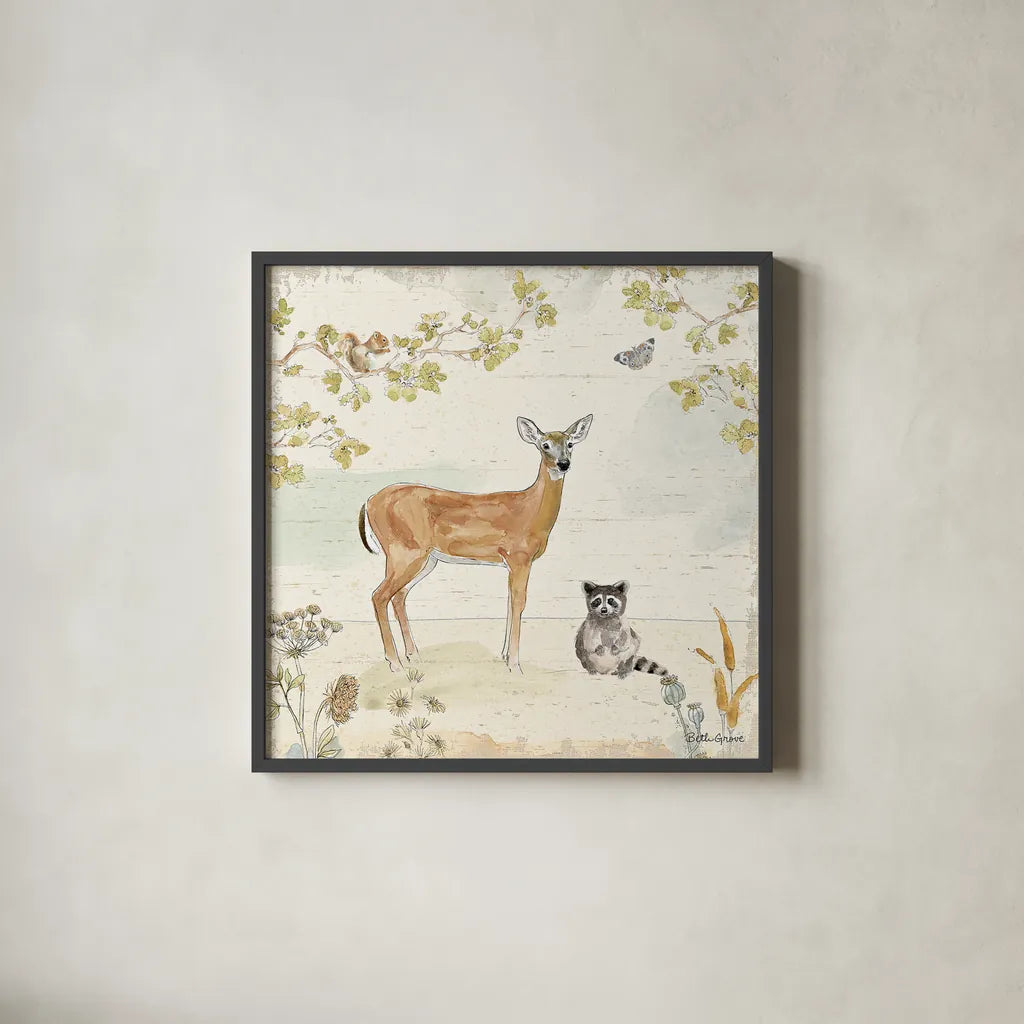 Woodland Wreath II by Beth Grove. Shown in a sleek black glass frame for a contemporary gallery look. Available as an archival giclee rolled canvas, fine art paper, or poster print. SKU 43912a.