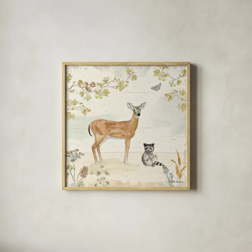 Woodland Wreath II by Beth Grove. Shown in a natural wood glass frame for a timeless modern aesthetic. Available as an archival giclee rolled canvas, fine art paper, or poster print. SKU 43912a.