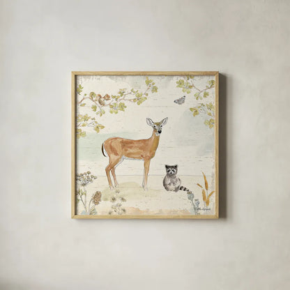 Woodland Wreath II by Beth Grove. Shown in a natural wood glass frame for a timeless modern aesthetic. Available as an archival giclee rolled canvas, fine art paper, or poster print. SKU 43912a.