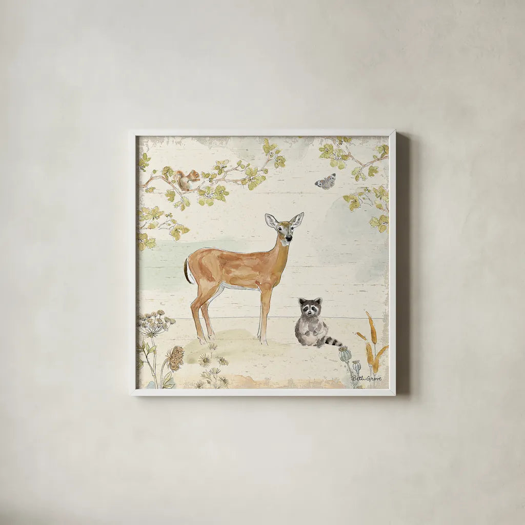 Woodland Wreath II by Beth Grove. Shown in a crisp white glass frame for a clean and minimalist style. Available as an archival giclee rolled canvas, fine art paper, or poster print. SKU 43912a.