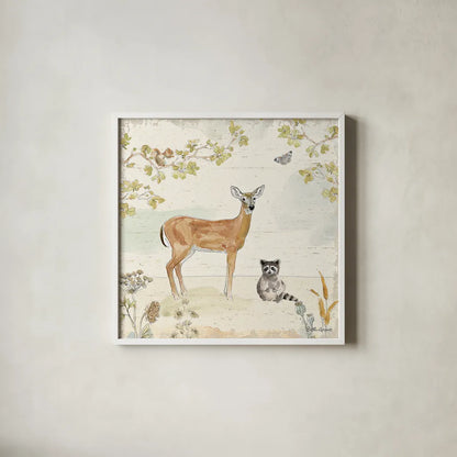 Woodland Wreath II by Beth Grove. Shown in a crisp white glass frame for a clean and minimalist style. Available as an archival giclee rolled canvas, fine art paper, or poster print. SKU 43912a.