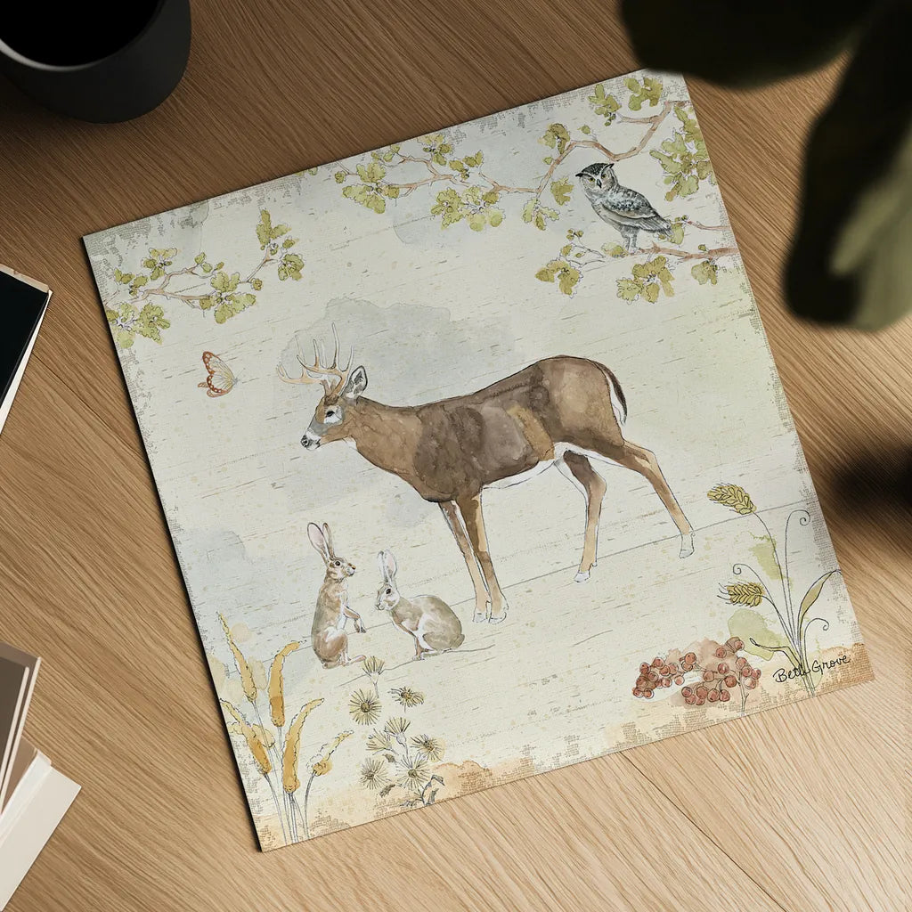 Woodland Wreath III by Beth Grove. Shown as a detailed flat fine art print, highlighting archival giclee quality. Available as an archival giclee rolled canvas, fine art paper, or poster print. SKU 43913a.