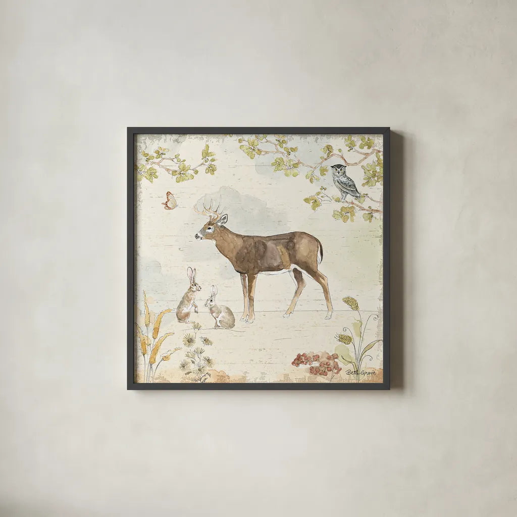 Woodland Wreath III by Beth Grove. Shown in a sleek black glass frame for a contemporary gallery look. Available as an archival giclee rolled canvas, fine art paper, or poster print. SKU 43913a.