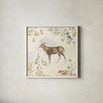 Woodland Wreath III by Beth Grove. Shown in a crisp white glass frame for a clean and minimalist style. Available as an archival giclee rolled canvas, fine art paper, or poster print. SKU 43913a.