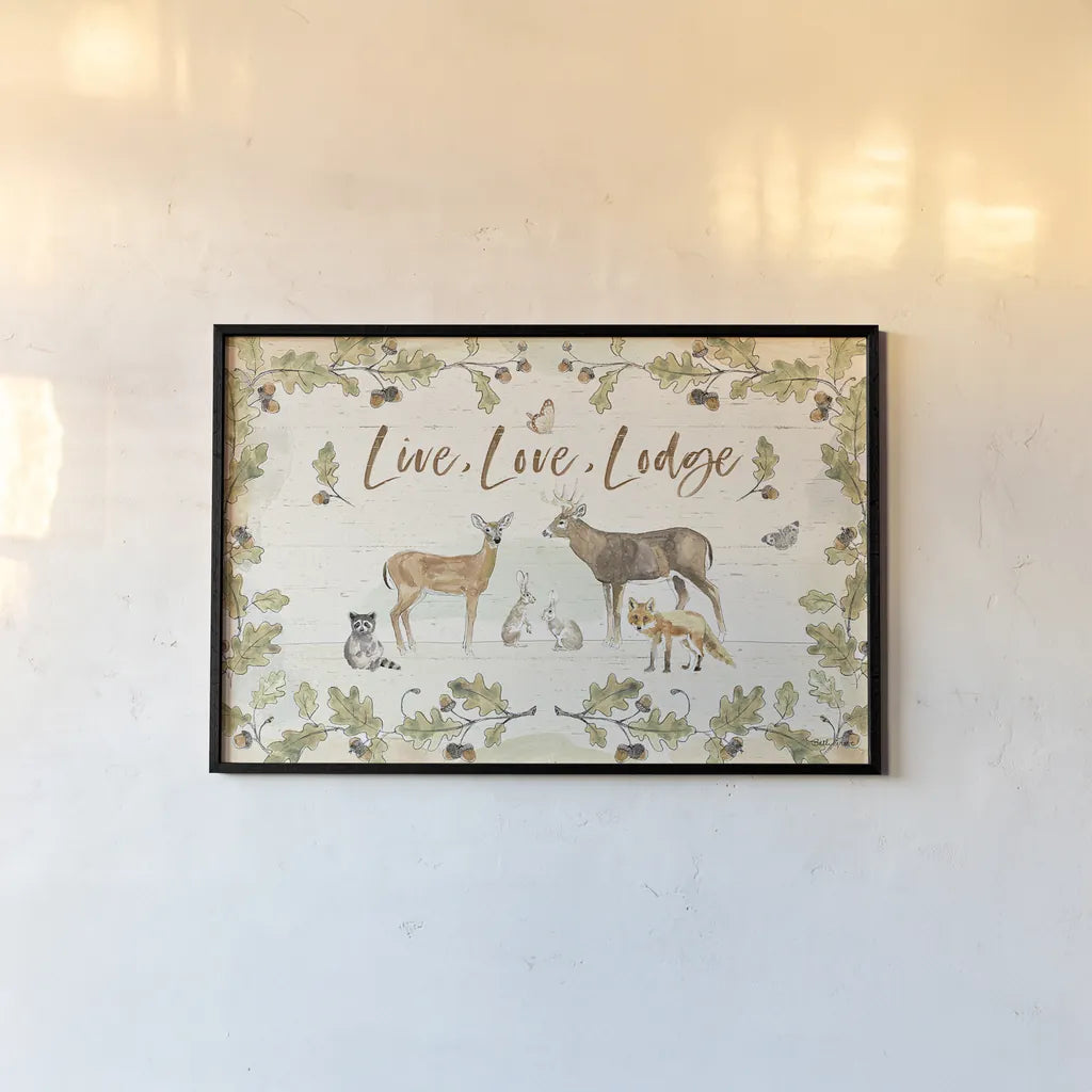 Woodland Wreath IV by Beth Grove. shown as a paper print in a black flame. Available as a archival giclee rolled canvas, fine art paper, or poster print. SKU 43914i.