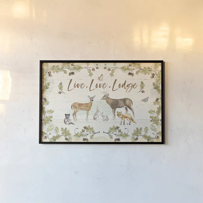 Woodland Wreath IV by Beth Grove. shown as a paper print in a black flame. Available as a archival giclee rolled canvas, fine art paper, or poster print. SKU 43914i.