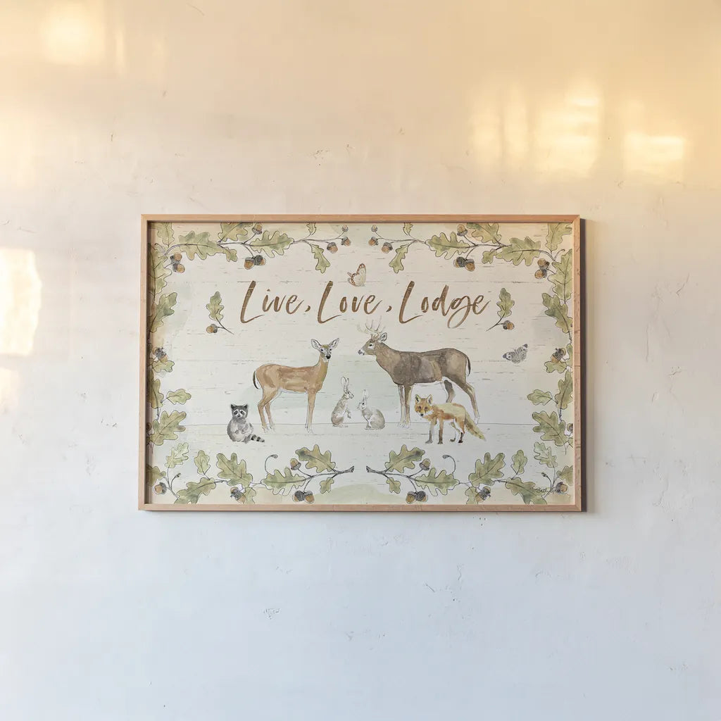 Woodland Wreath IV by Beth Grove. shown as a paper print in a natural frame. Available as a archival giclee rolled canvas, fine art paper, or poster print. SKU 43914i.