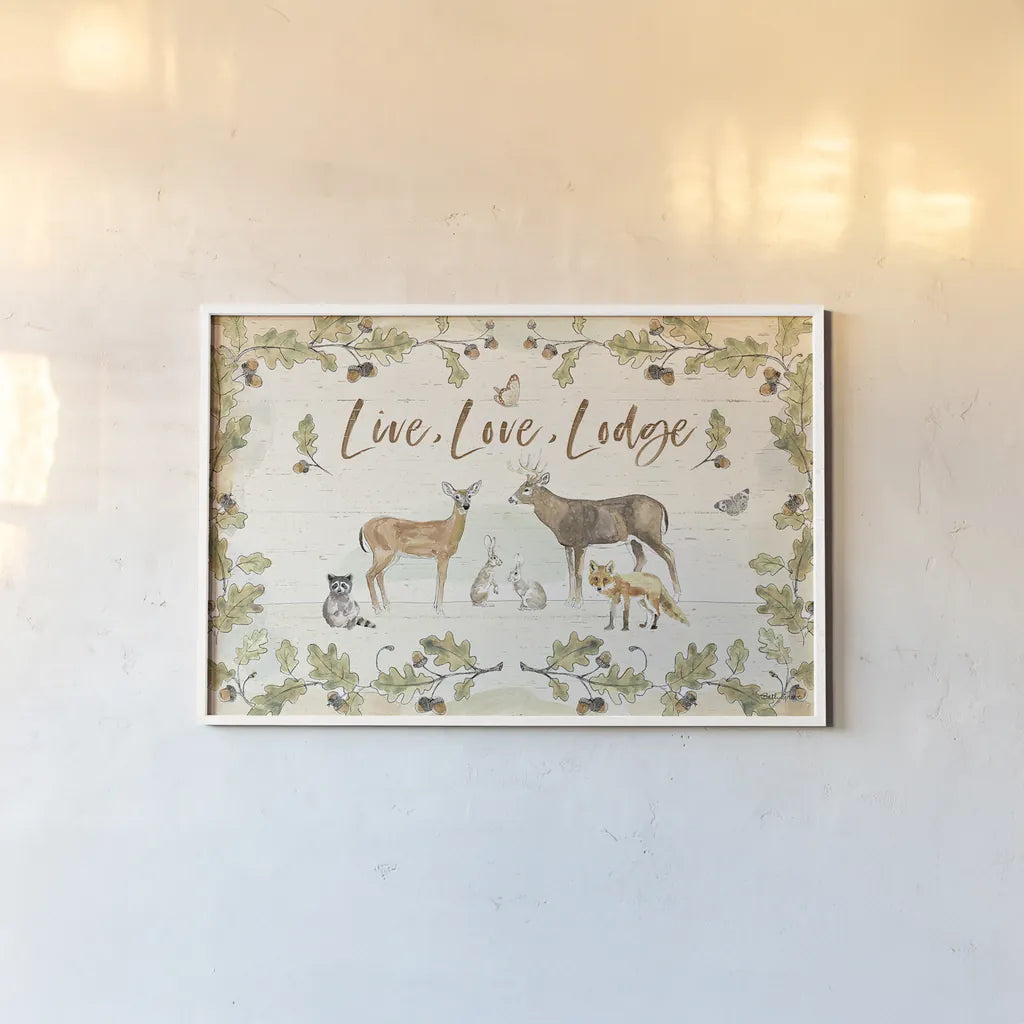 Woodland Wreath IV by Beth Grove. shown as a paper print in a white frame. Available as a archival giclee rolled canvas, fine art paper, or poster print. SKU 43914i.