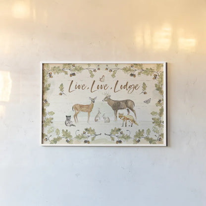 Woodland Wreath IV by Beth Grove. shown as a paper print in a white frame. Available as a archival giclee rolled canvas, fine art paper, or poster print. SKU 43914i.