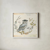 Woodland Wreath IX by Beth Grove. Shown in a crisp white glass frame for a clean and minimalist style. Available as an archival giclee rolled canvas, fine art paper, or poster print. SKU 43919a.